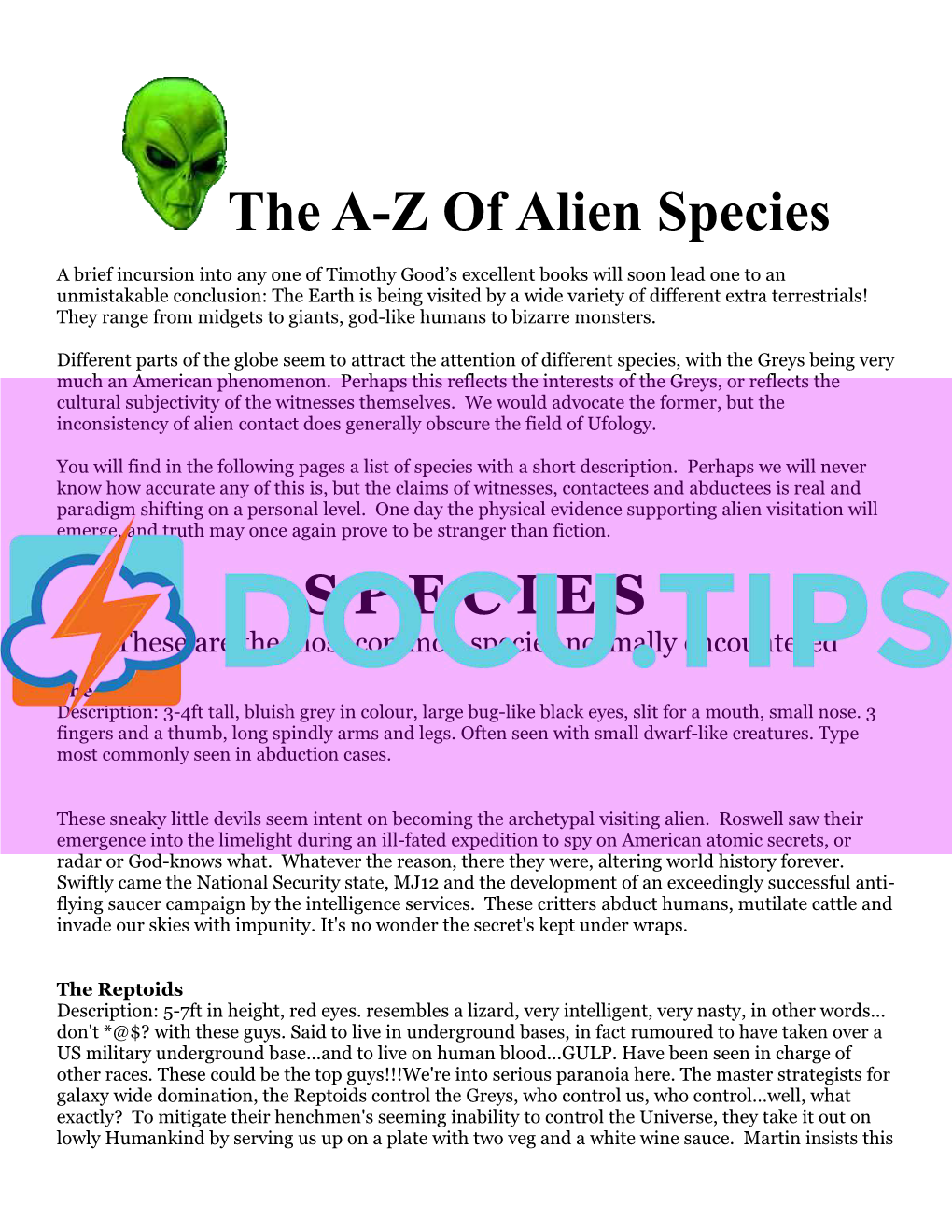 The A-Z of Alien Species