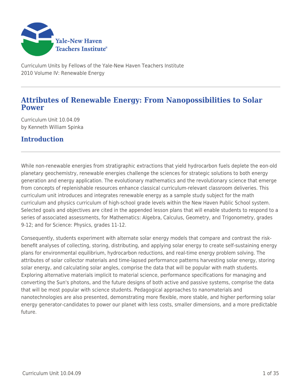 Attributes of Renewable Energy: from Nanopossibilities to Solar Power