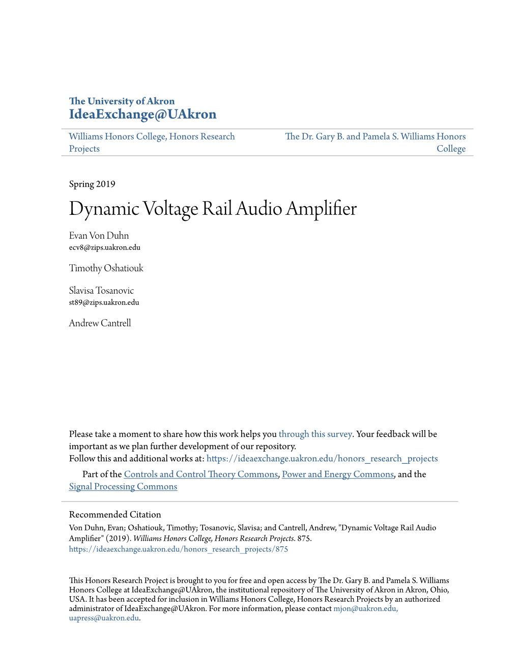 Dynamic Voltage Rail Audio Amplifier Evan Von Duhn Ecv8@Zips.Uakron.Edu