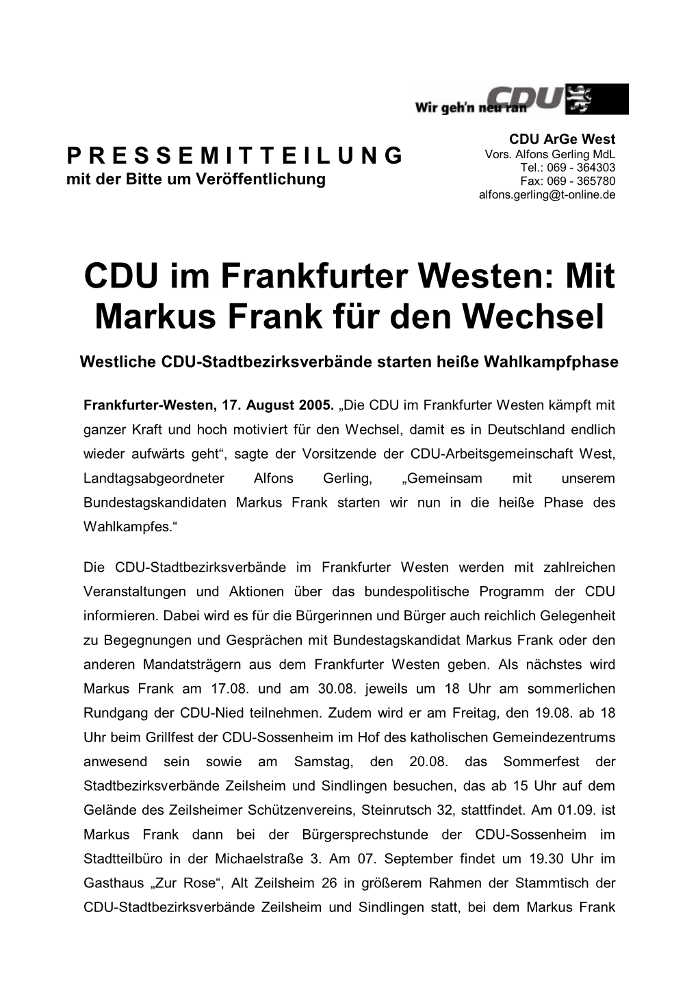 CDU Im Frankfurter Westen: Mit Markus Frank Für Den Wechsel