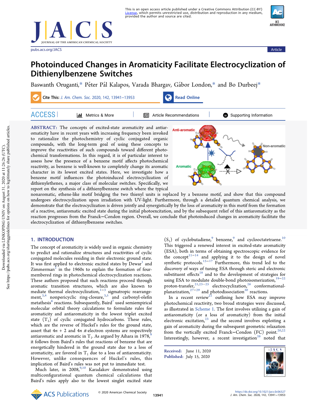 Photoinduced Changes in Aromaticity Facilitate Electrocyclization of Dithienylbenzene Switches