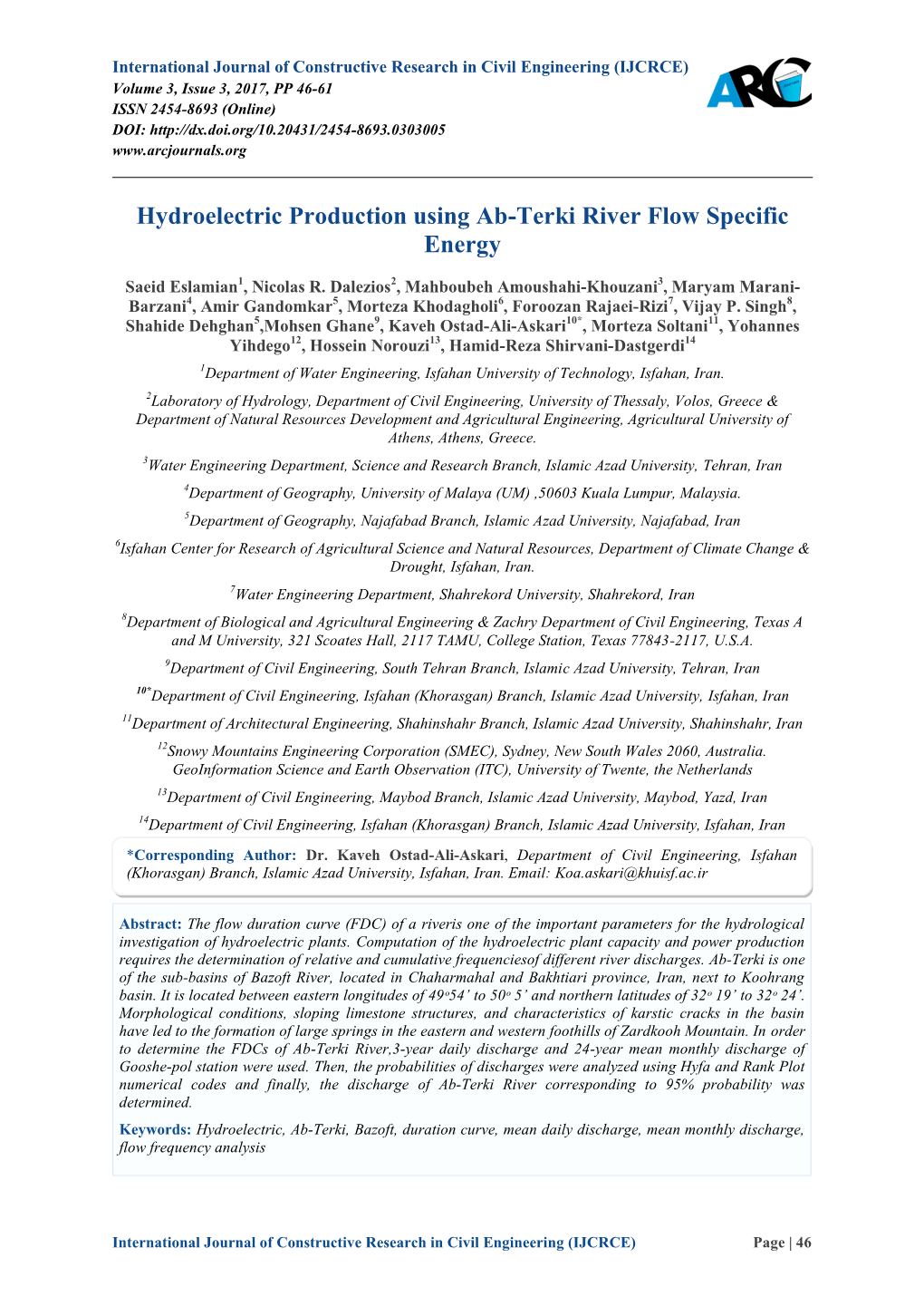Hydroelectric Production Using Ab-Terki River Flow Specific Energy