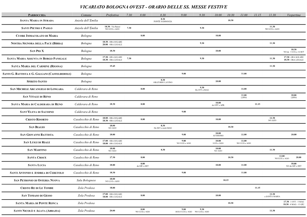 Vicariato Bologna Ovest - Orario Delle Ss