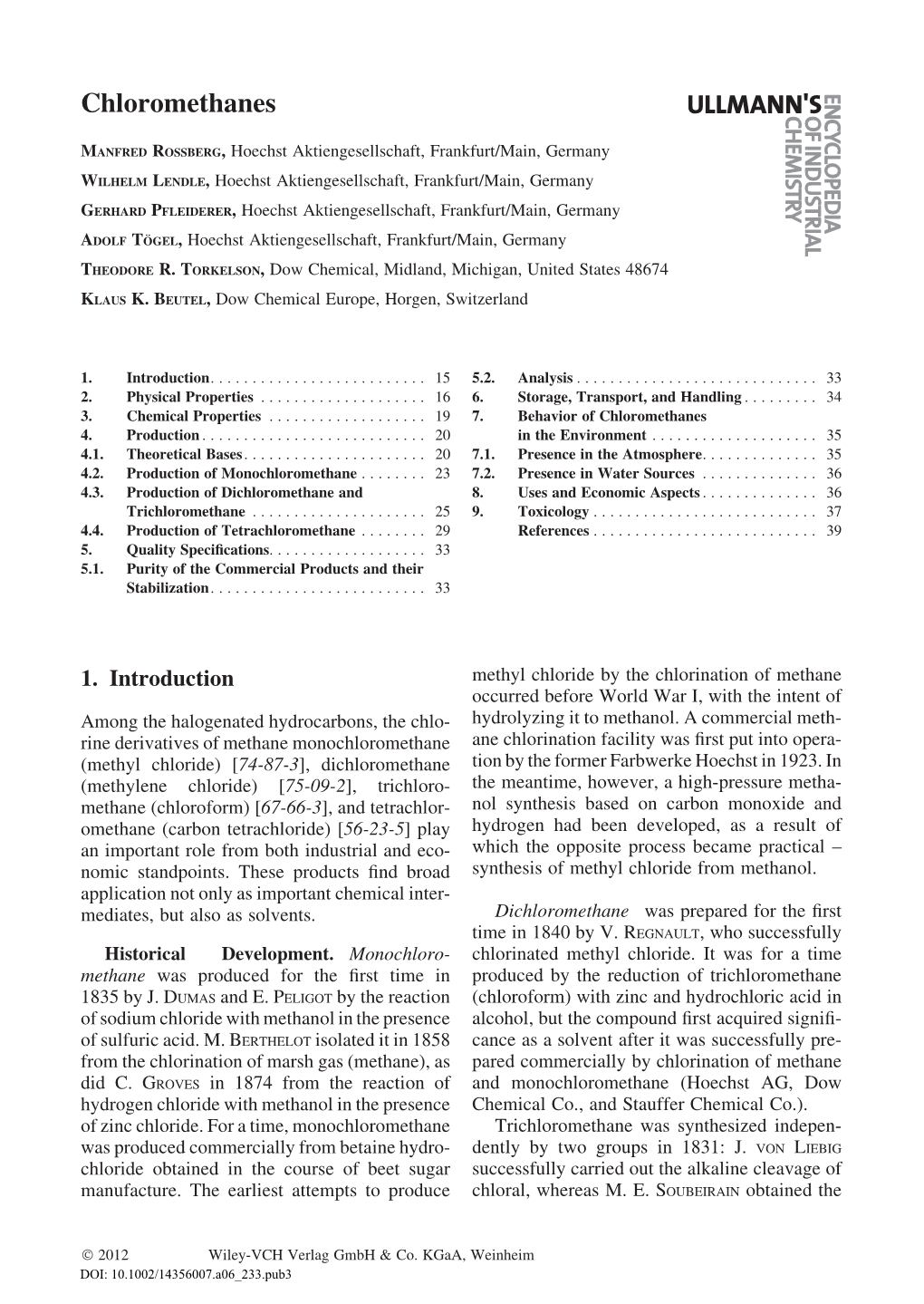 "Chloromethanes," In: Ullmann's Encyclopedia of Industrial Chemistry