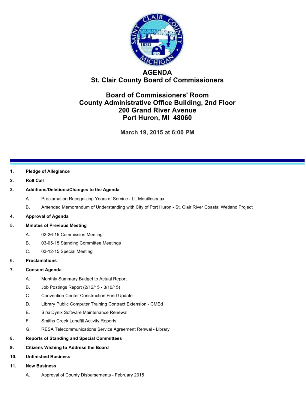 AGENDA St. Clair County Board of Commissioners Board Of