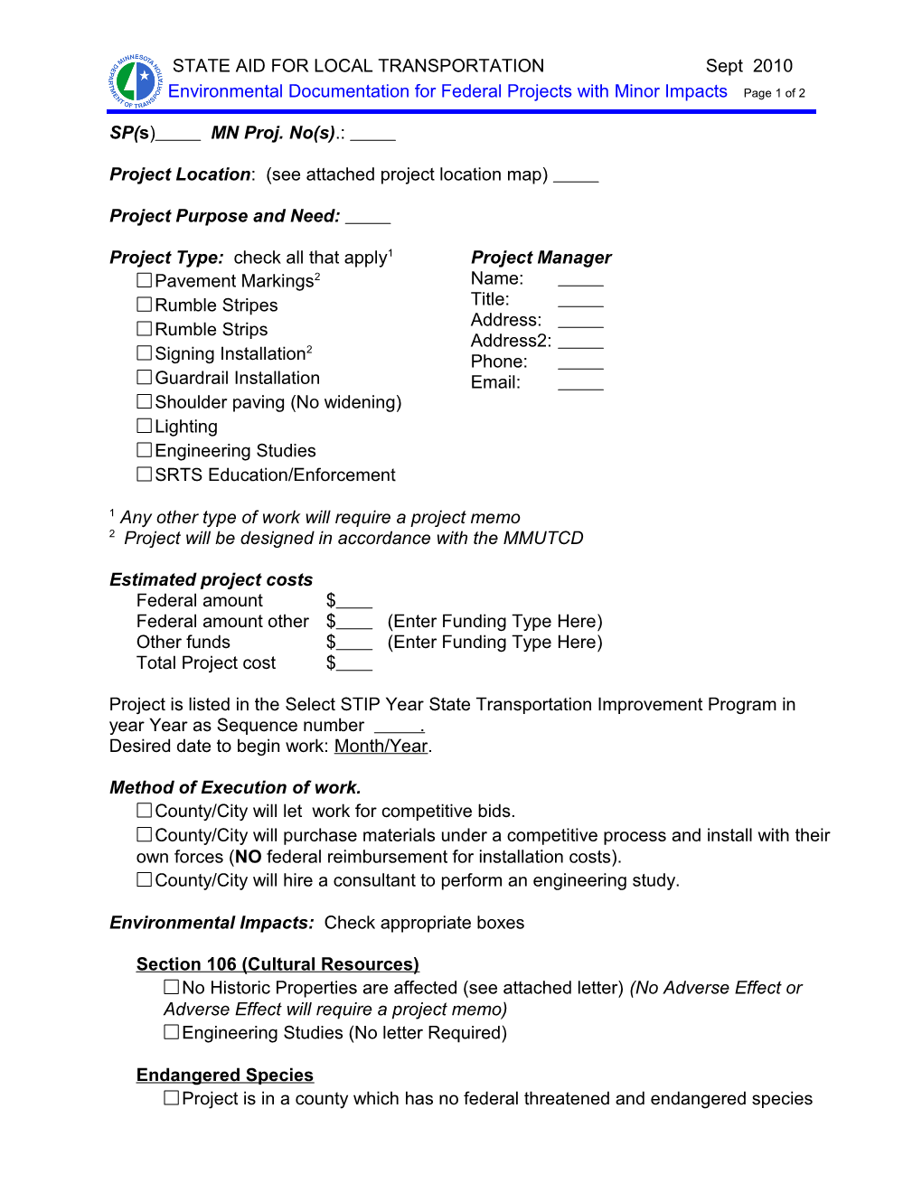 Environmental Documentation for Federal Projects with Minor Impacts Page 1 of 2