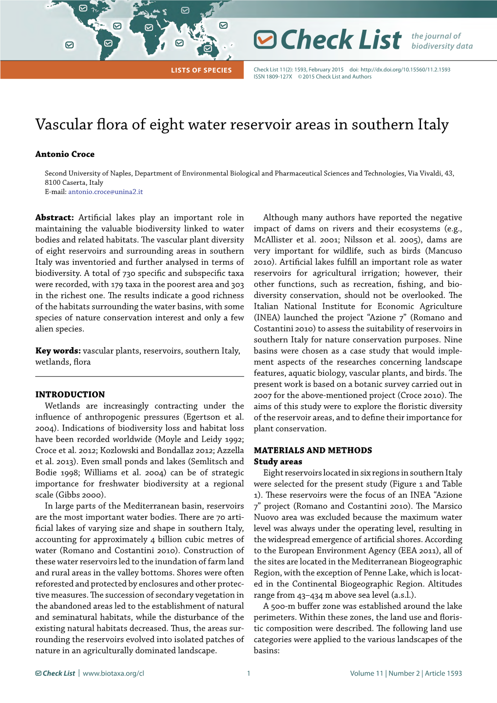 Vascular Flora of Eight Water Reservoir Areas in Southern Italy