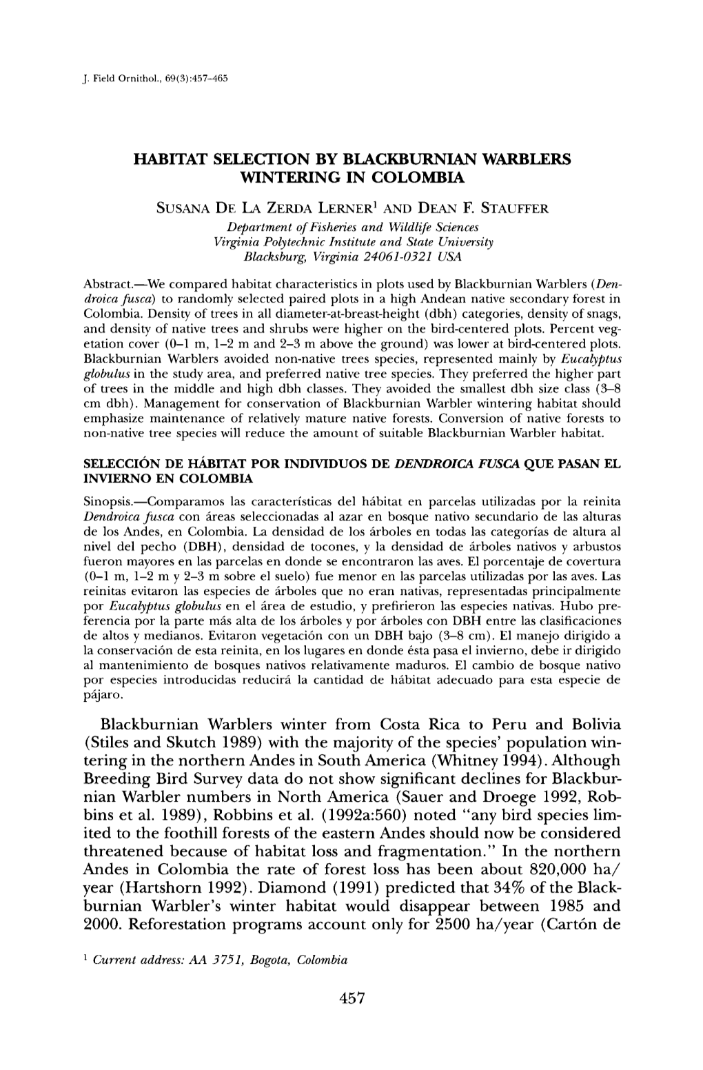 Habitat Selection by Blackburnian Warblers Wintering in Colombia