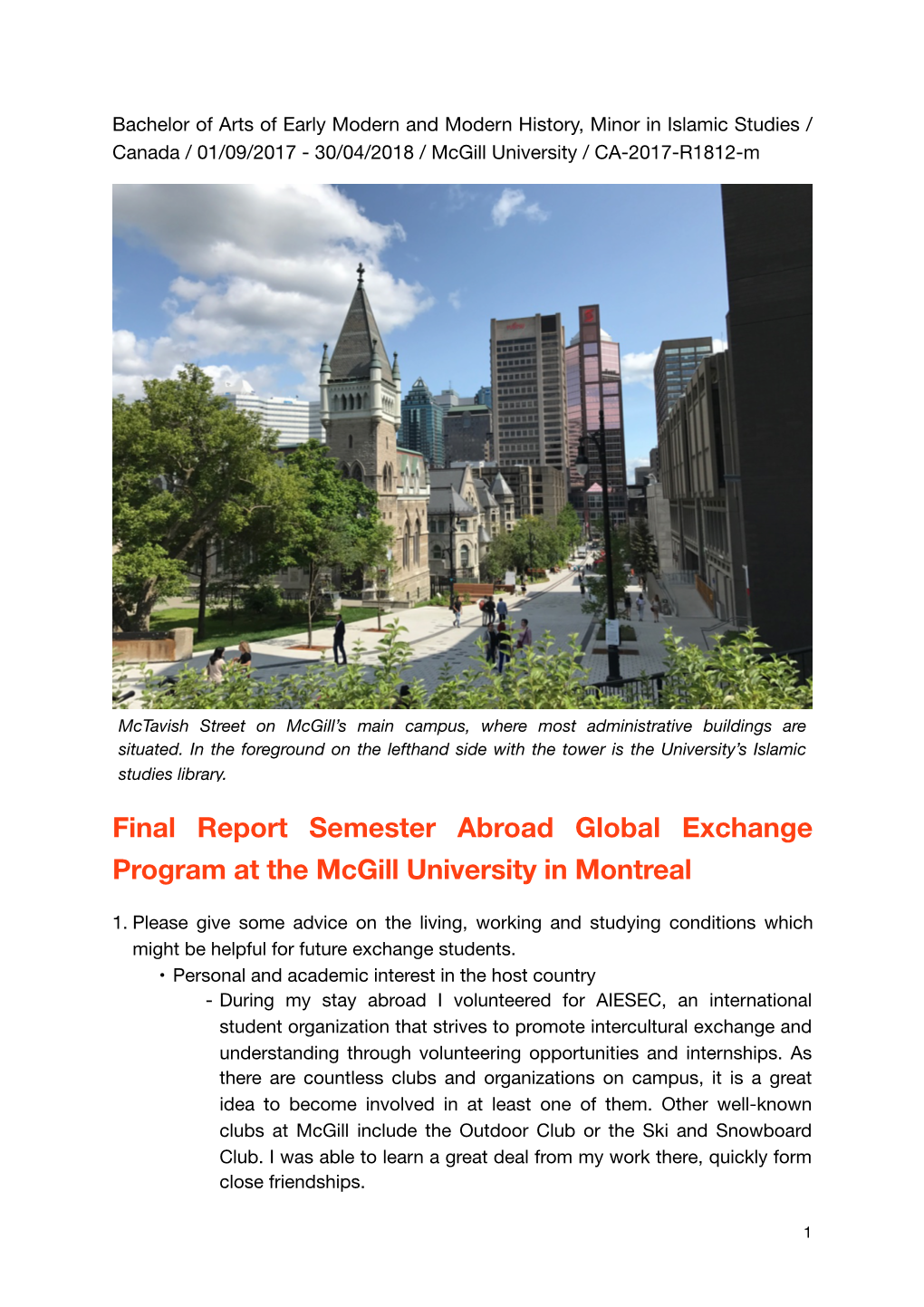 Final Report Semester Abroad Global Exchange Program at the Mcgill University in Montreal