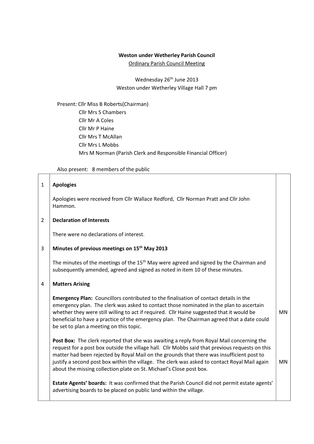 Weston Under Wetherley Parish Council Ordinary Parish Council Meeting