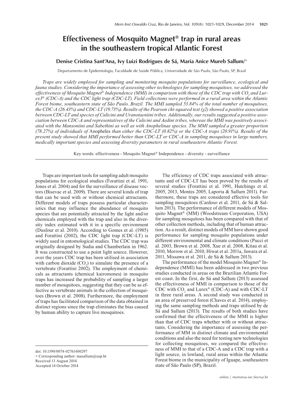 Effectiveness of Mosquito Magnet® Trap in Rural Areas in the Southeastern Tropical Atlantic Forest