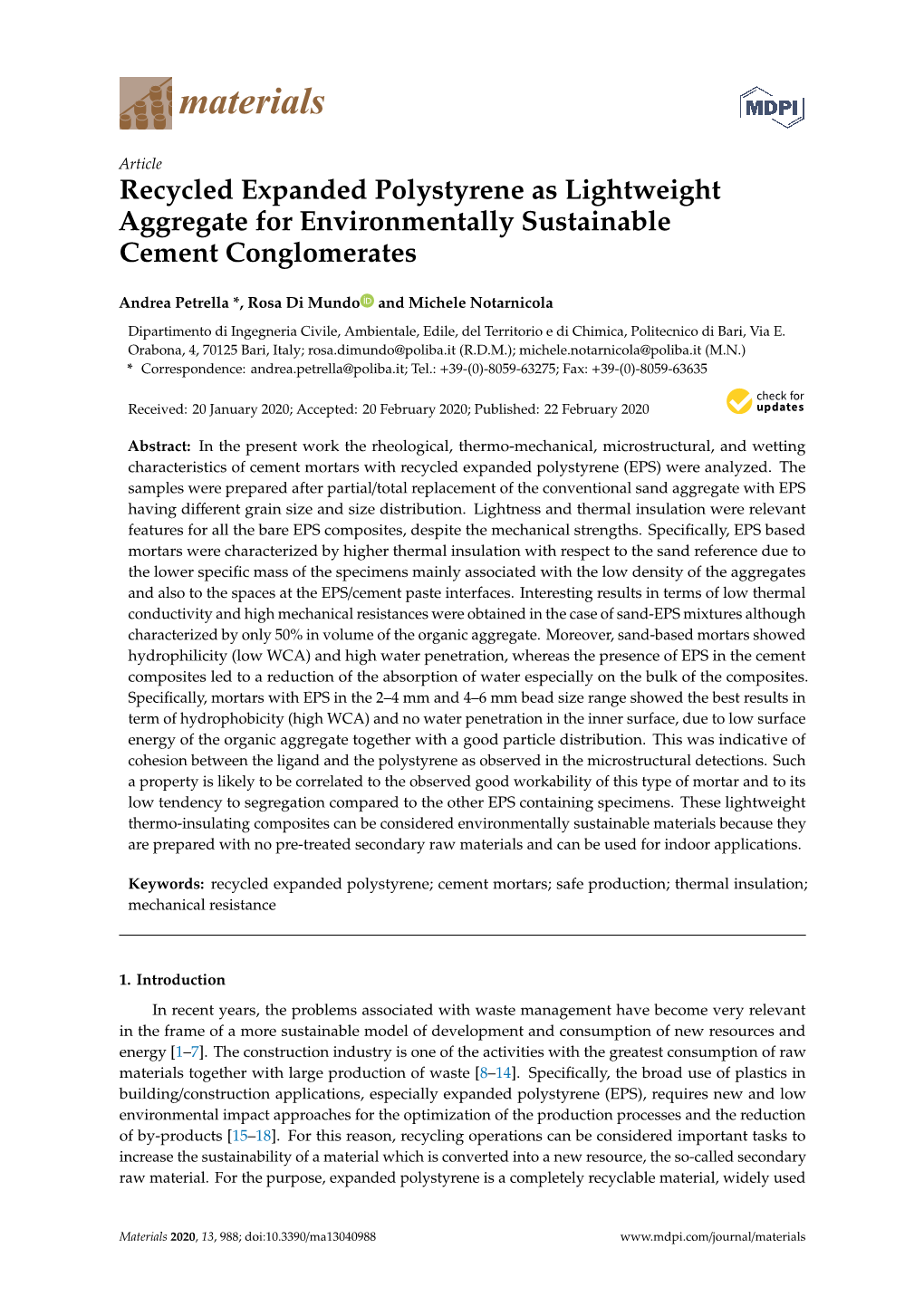 Recycled Expanded Polystyrene As Lightweight Aggregate for Environmentally Sustainable Cement Conglomerates