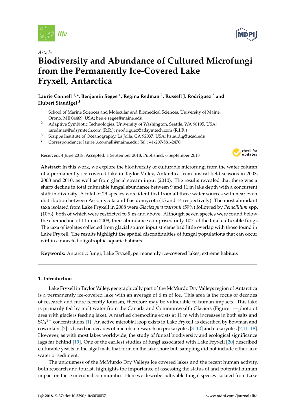 Biodiversity and Abundance of Cultured Microfungi from the Permanently Ice-Covered Lake Fryxell, Antarctica