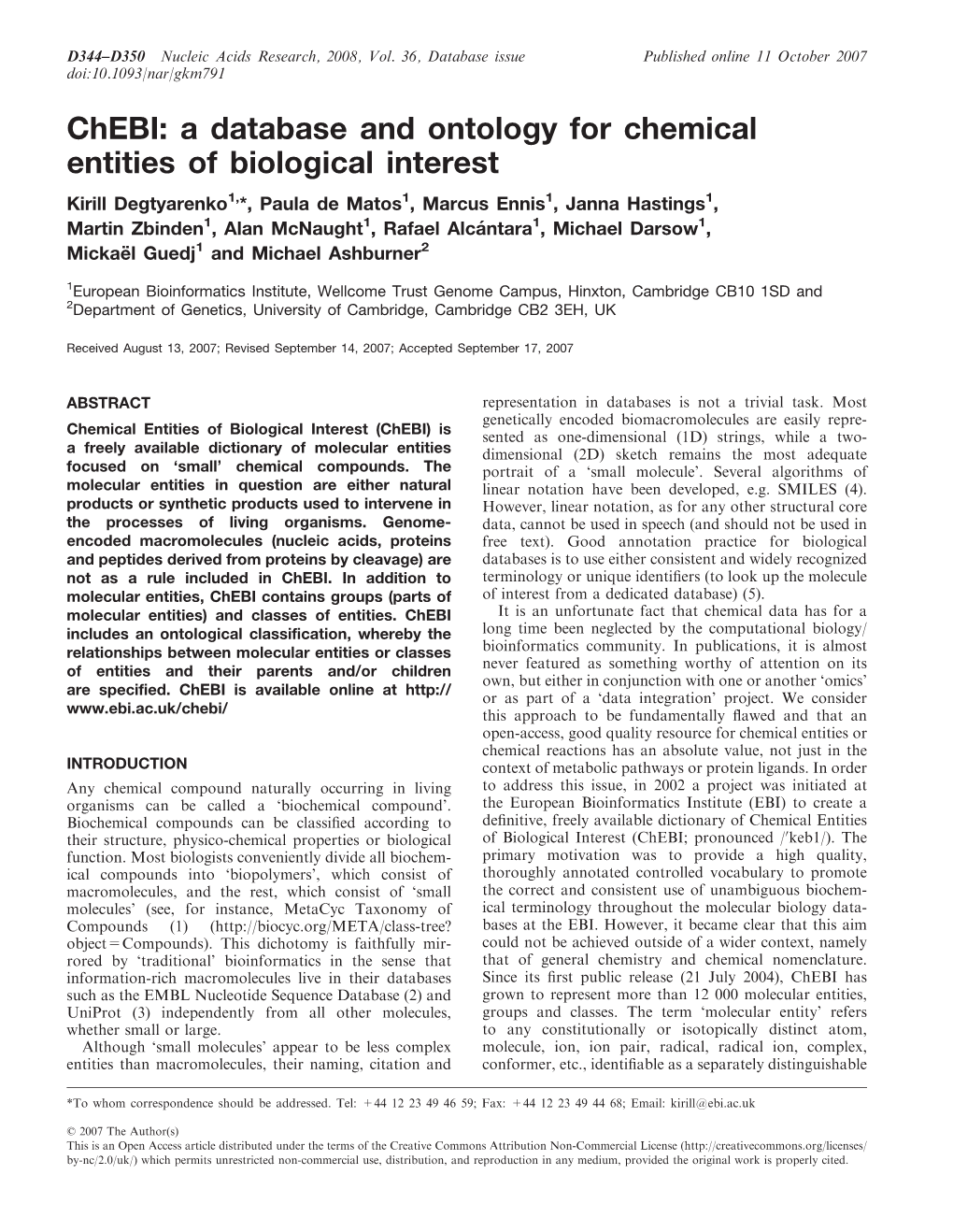 Chebi: a Database and Ontology for Chemical Entities of Biological Interest