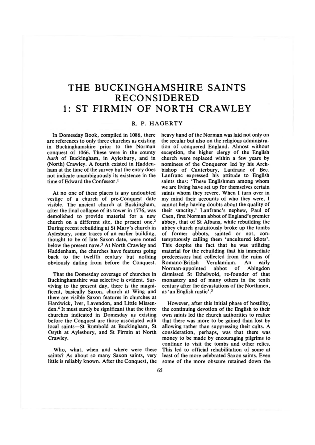 The Buckinghamshire Saints Reconsidered 1: St Firmin of North Crawley