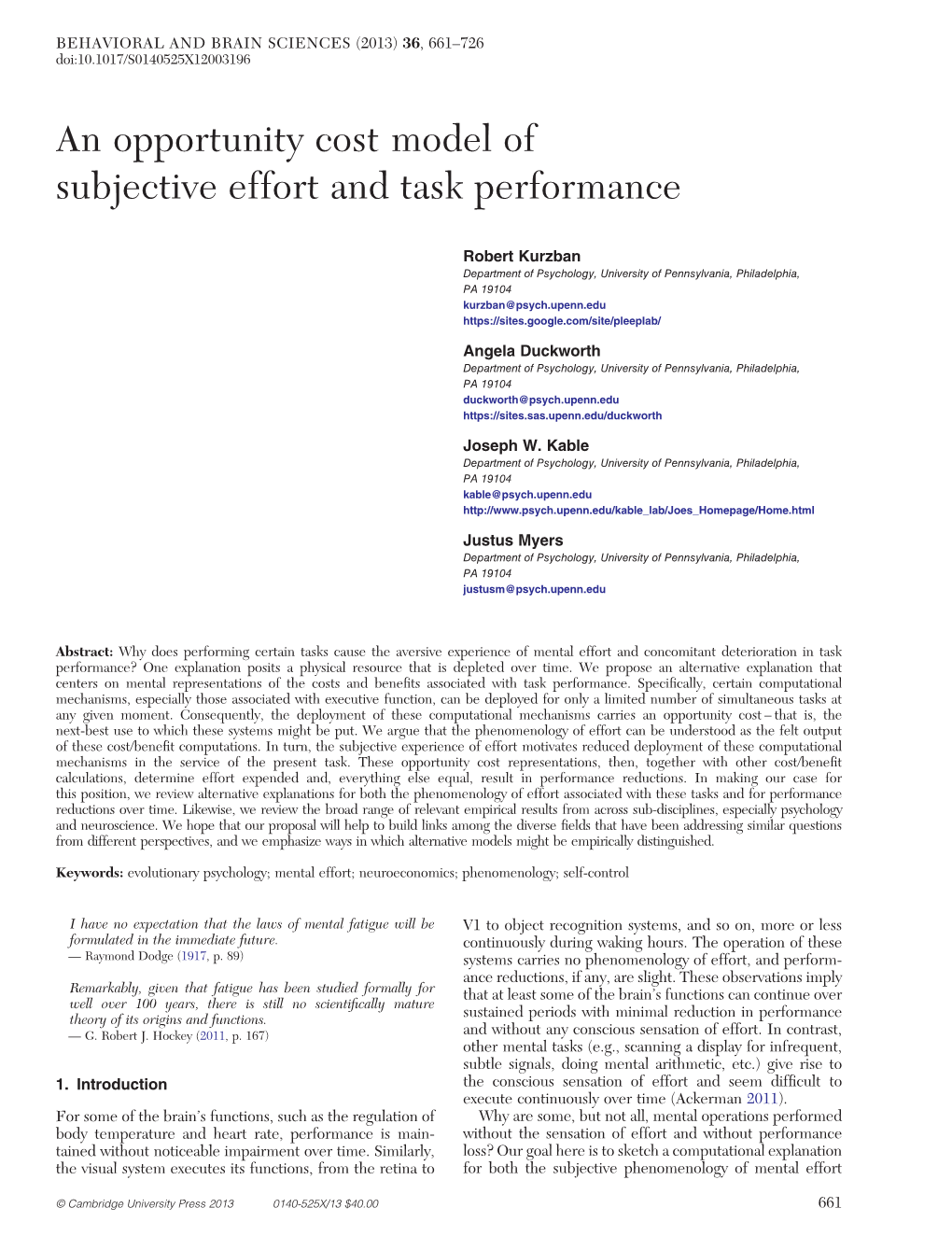 An Opportunity Cost Model of Subjective Effort and Task Performance