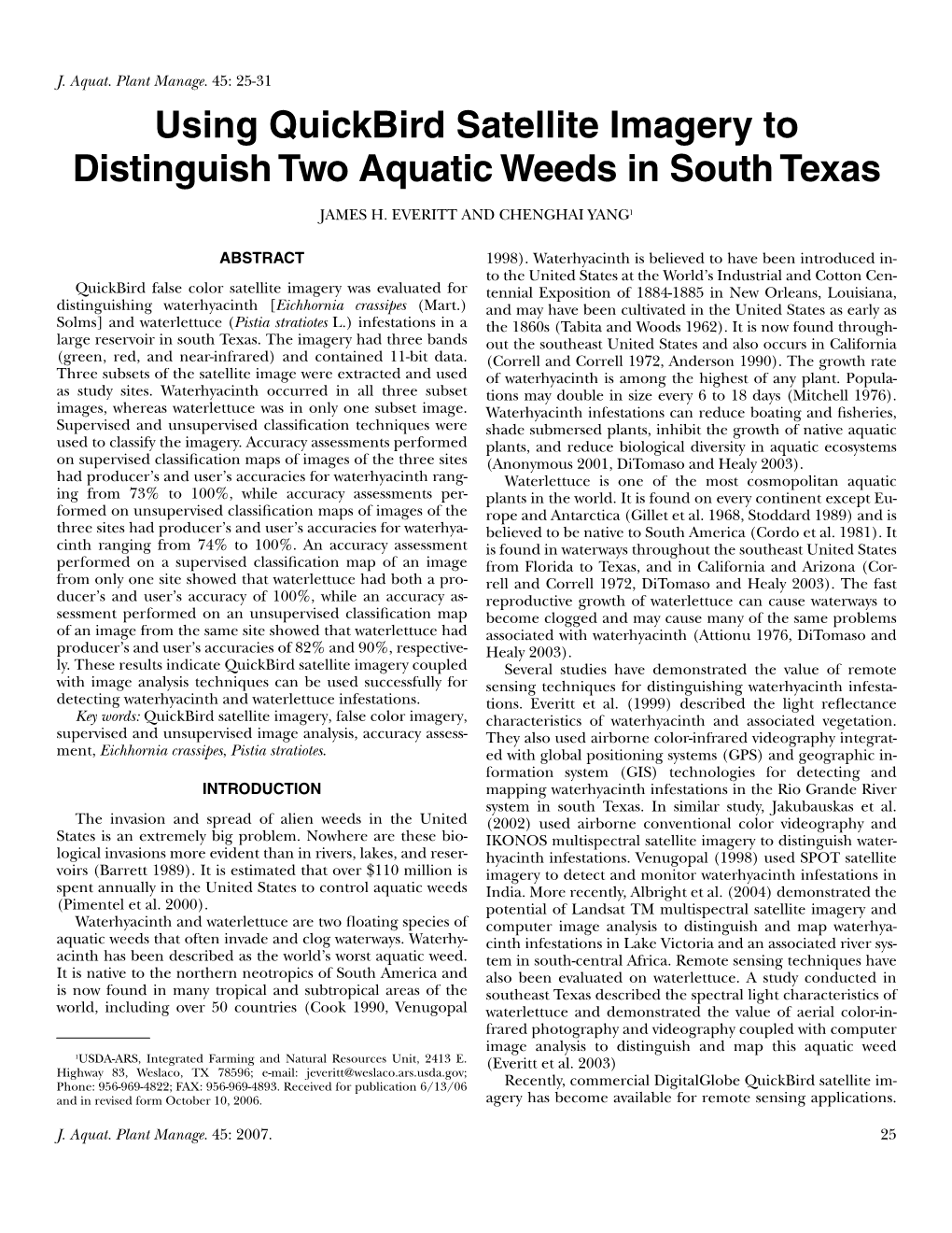 Using Quickbird Satellite Imagery to Distinguish Two Aquatic Weeds in South Texas