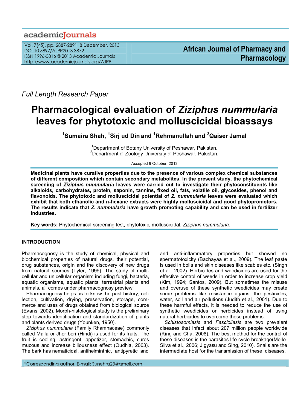 Pharmacological Evaluation of Ziziphus Nummularia Leaves for Phytotoxic and Molluscicidal Bioassays