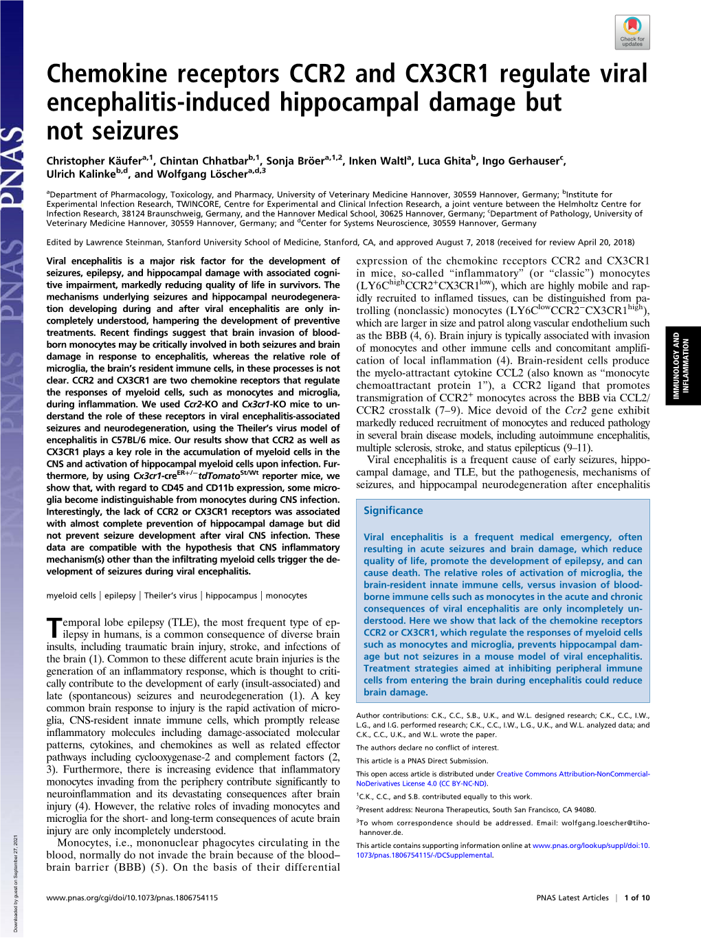 Chemokine Receptors CCR2 and CX3CR1 Regulate Viral Encephalitis-Induced Hippocampal Damage but Not Seizures