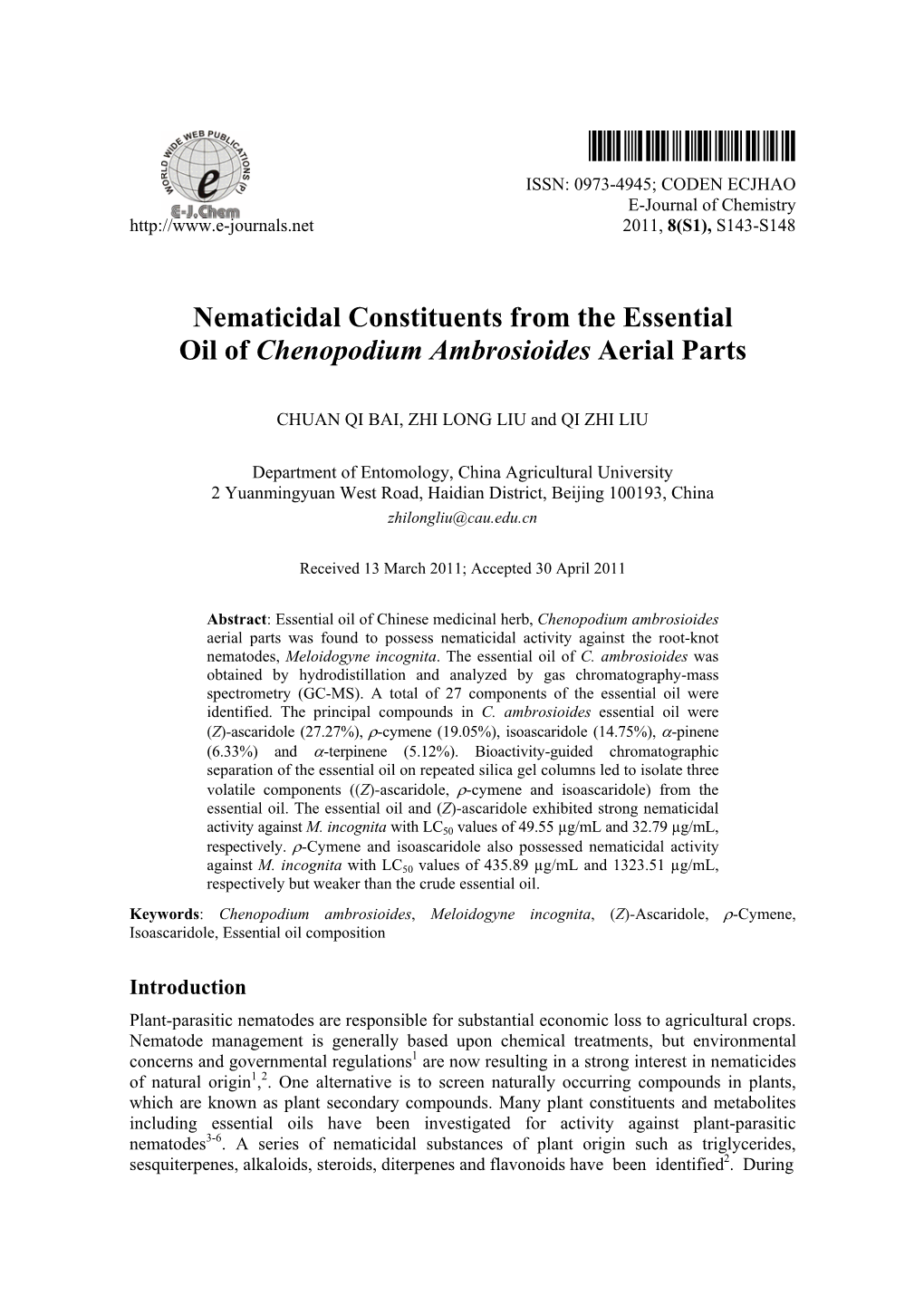 Nematicidal Constituents from the Essential Oil of Chenopodium Ambrosioides Aerial Parts