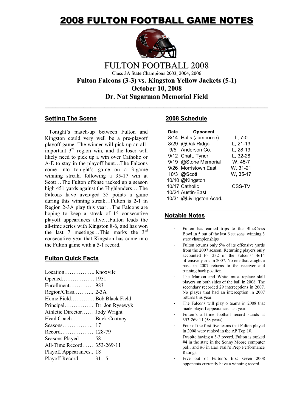 2008 Fulton Football Game Notes Fulton Football 2008