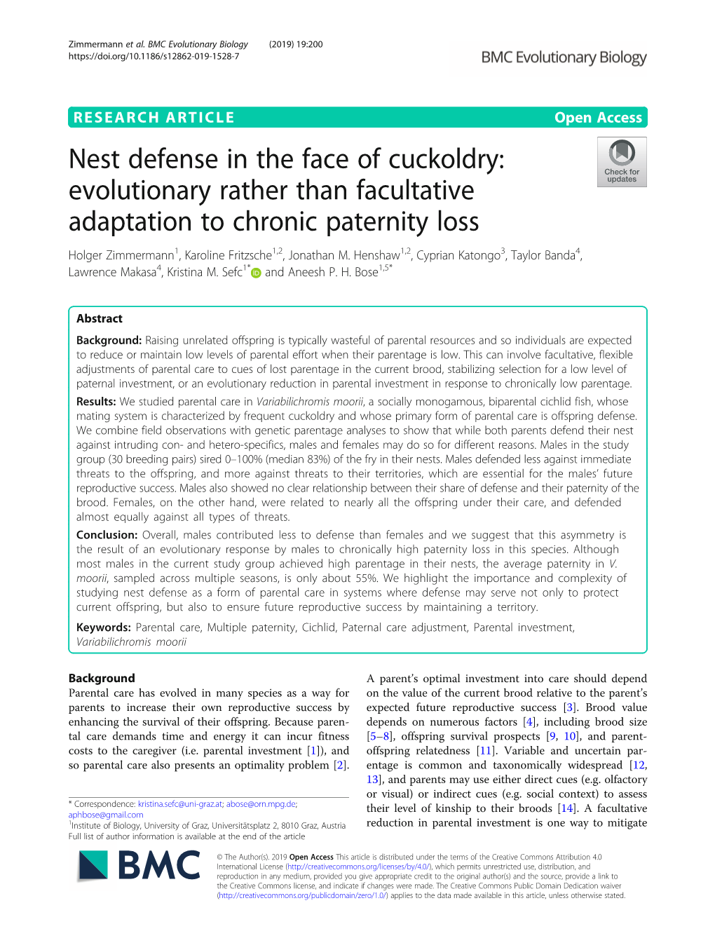 Evolutionary Rather Than Facultative Adaptation to Chronic Paternity Loss Holger Zimmermann1, Karoline Fritzsche1,2, Jonathan M