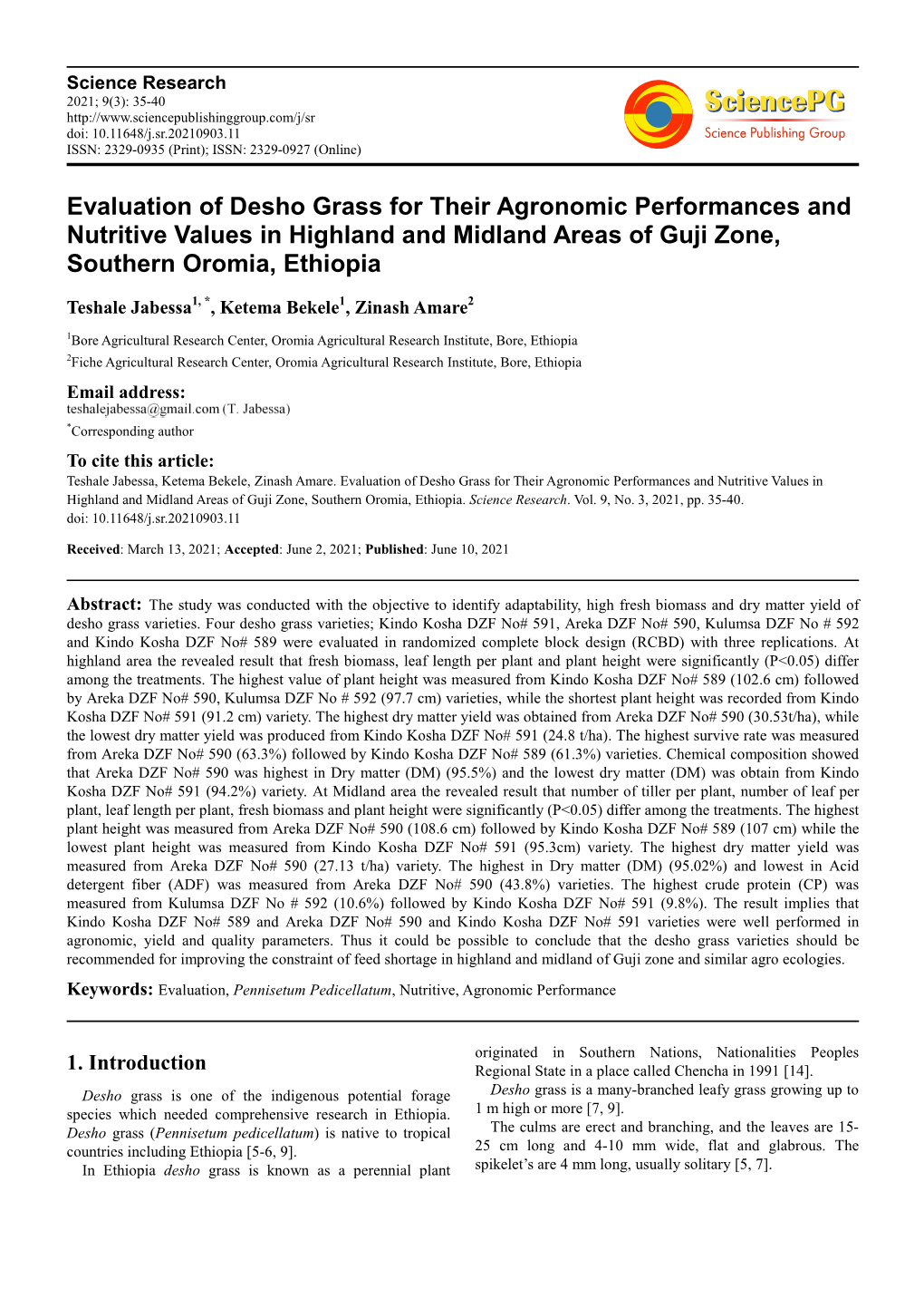 Evaluation of Desho Grass for Their Agronomic Performances and Nutritive Values in Highland and Midland Areas of Guji Zone, Southern Oromia, Ethiopia