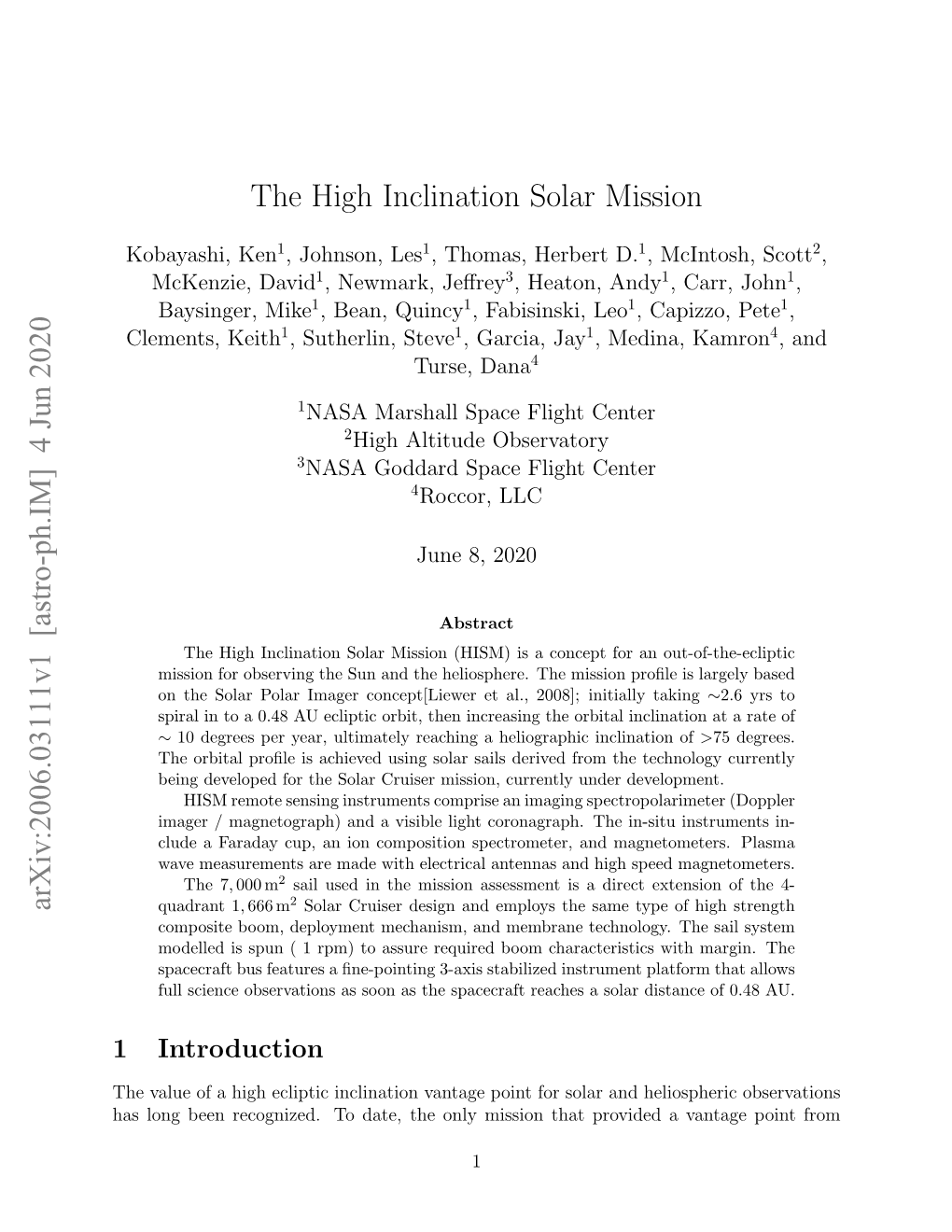 The High Inclination Solar Mission Arxiv:2006.03111V1