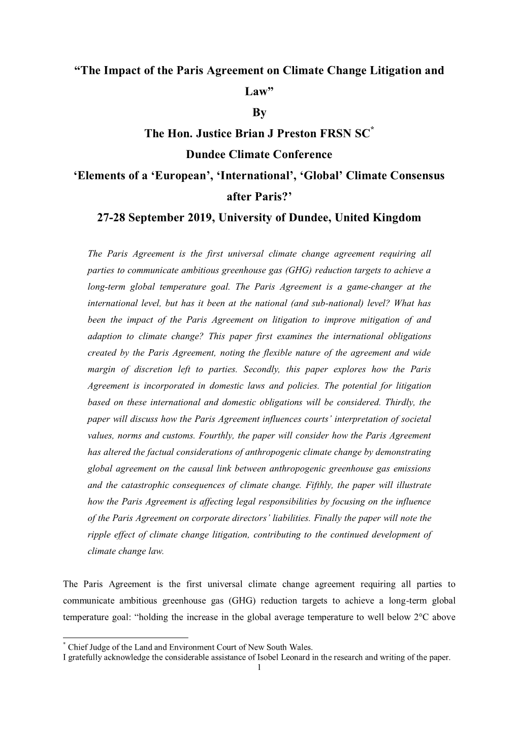 The Impact of the Paris Agreement on Climate Change Litigation and Law” by the Hon