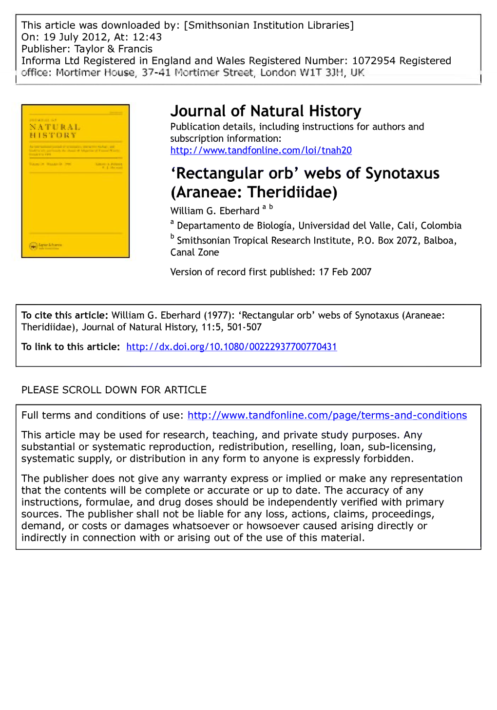 Journal of Natural History 'Rectangular Orb' Webs of Synotaxus (Araneae: Theridiidae)