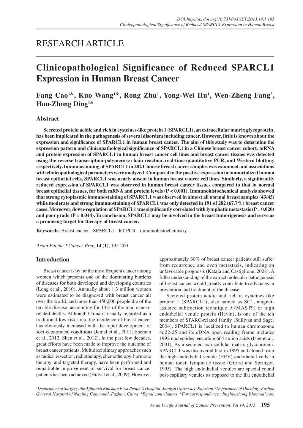 Clinicopathological Significance of Reduced SPARCL1 Expression in Human Breast