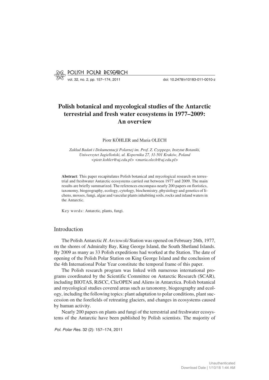 Polish Botanical and Mycological Studies of the Antarctic Terrestrial and Fresh Water Ecosystems in 1977–2009: an Overview