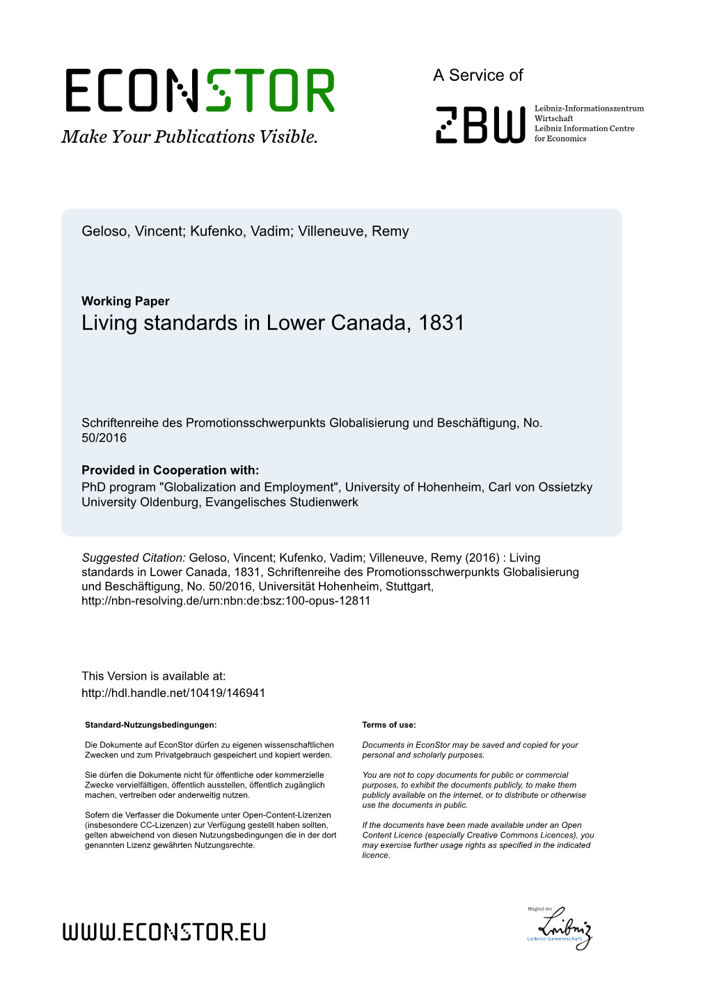 Living Standards in Lower Canada, 1831