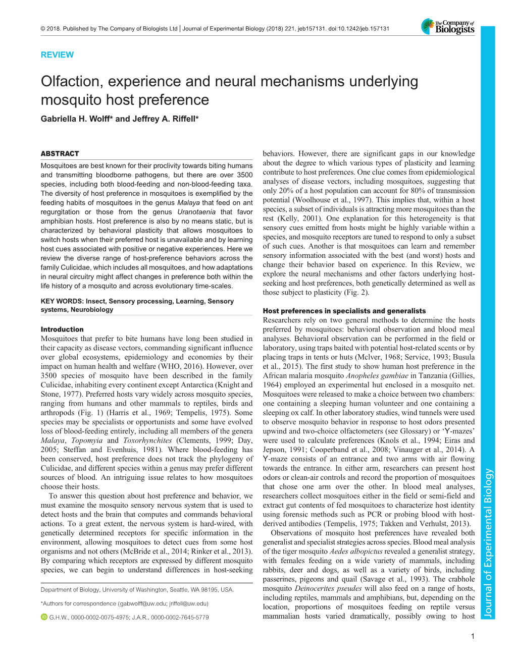 Olfaction, Experience and Neural Mechanisms Underlying Mosquito Host Preference Gabriella H