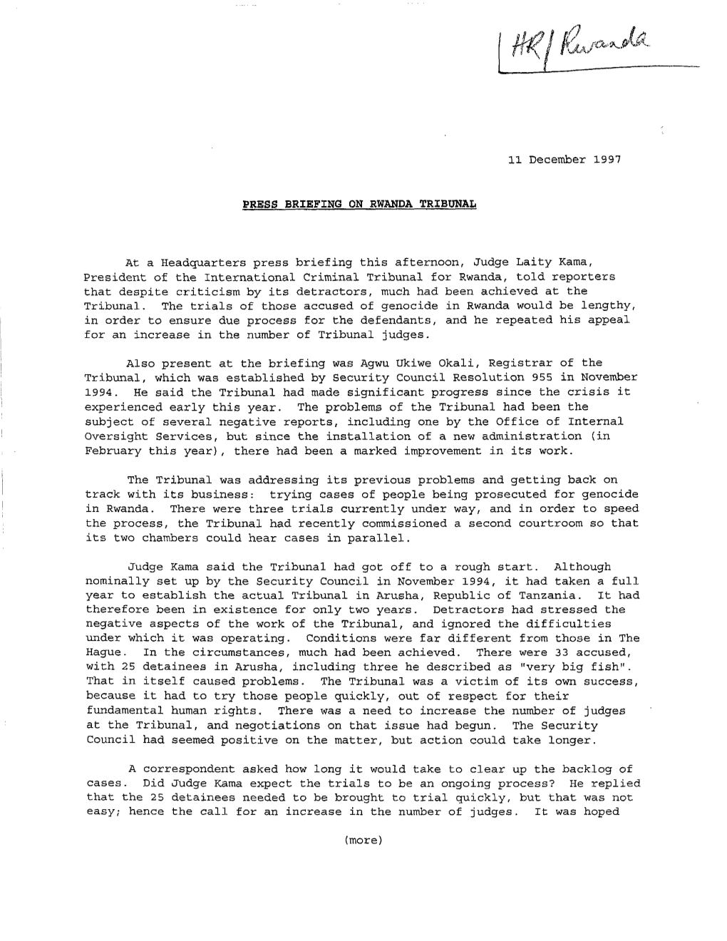 11 December 1997 PRESS BRIEFING on RWANDA TRIBUNAL at A