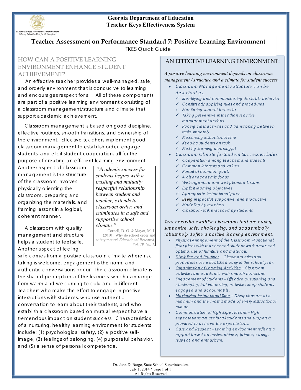 Teacher Assessment on Performance Standard 7: Positive Learning Environment TKES Quick Guide