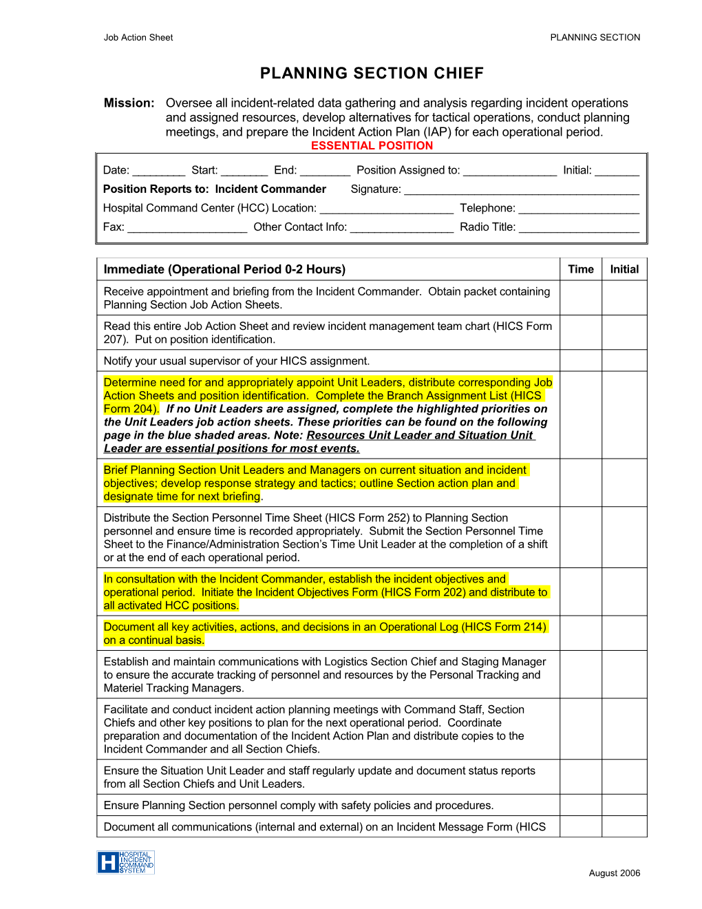 Planning Section Job Action Sheets