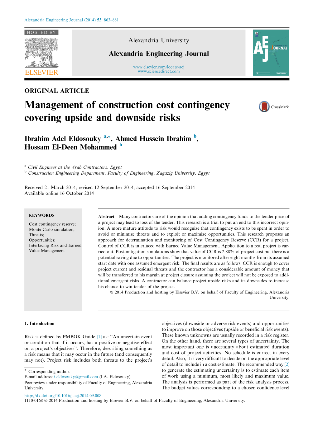 Management of Construction Cost Contingency Covering Upside and Downside Risks