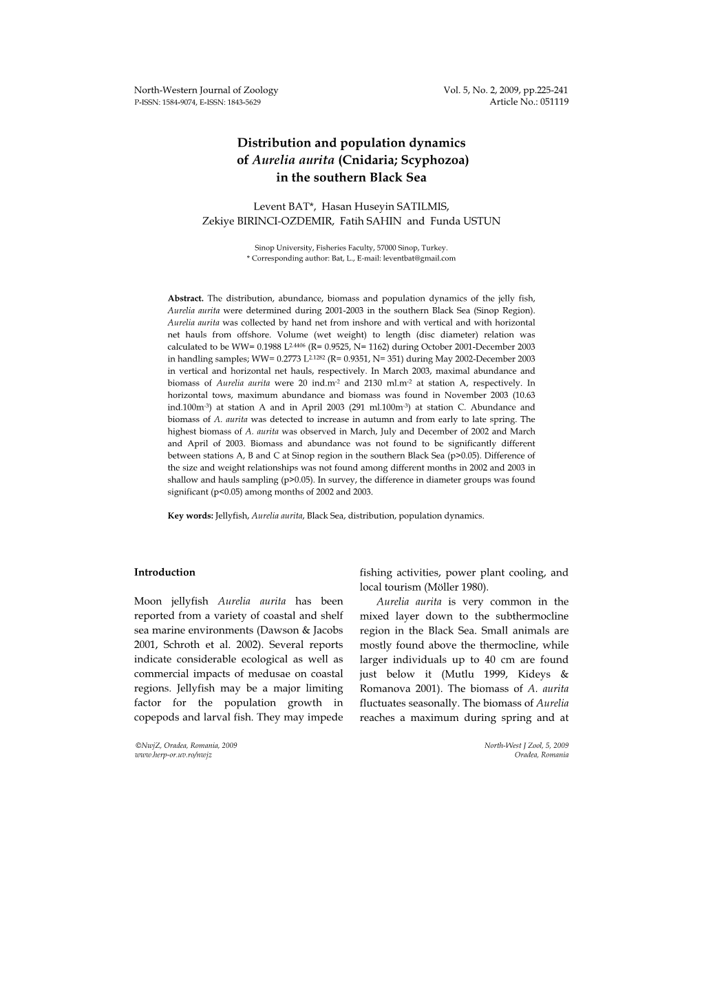 Distribution and Population Dynamics of Aurelia Aurita (Cnidaria; Scyphozoa) in the Southern Black Sea