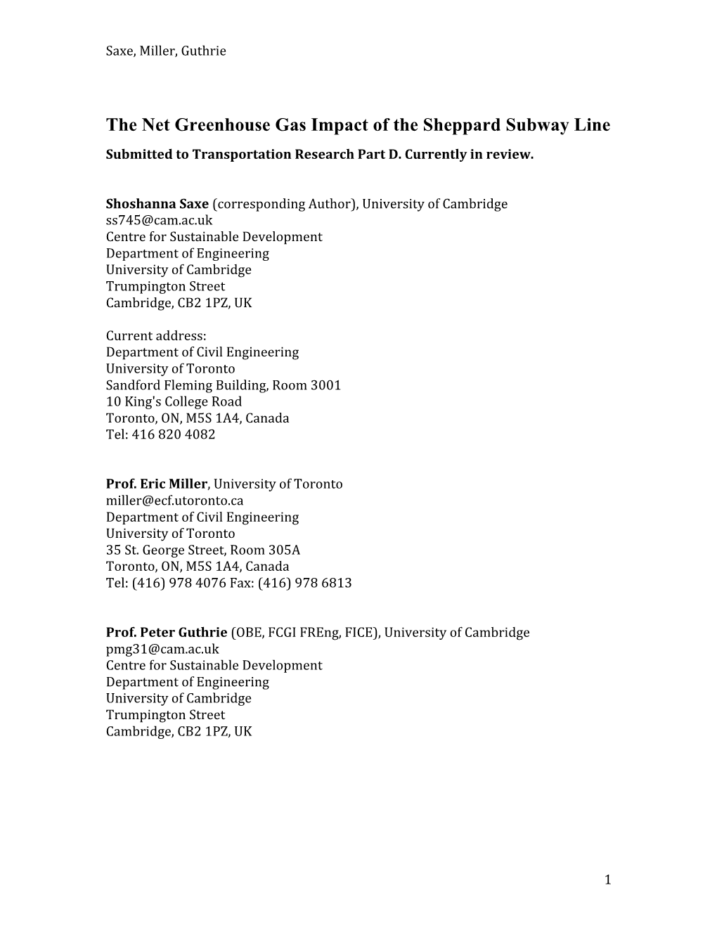 The Net Greenhouse Gas Impact of the Sheppard Subway Line Submitted to Transportation Research Part D