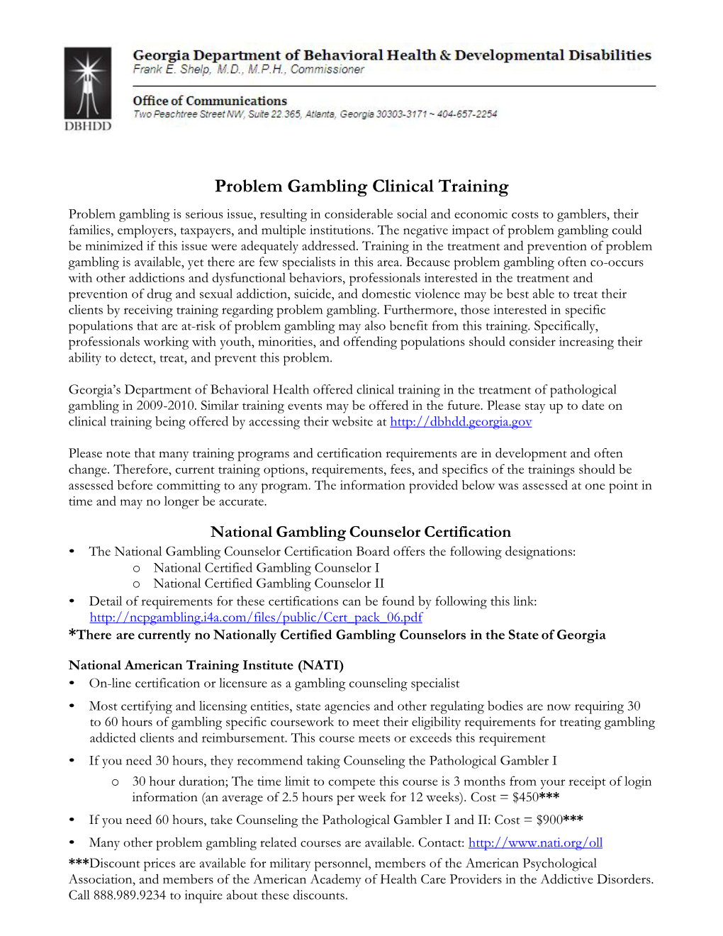 Problem Gambling Clinical Training