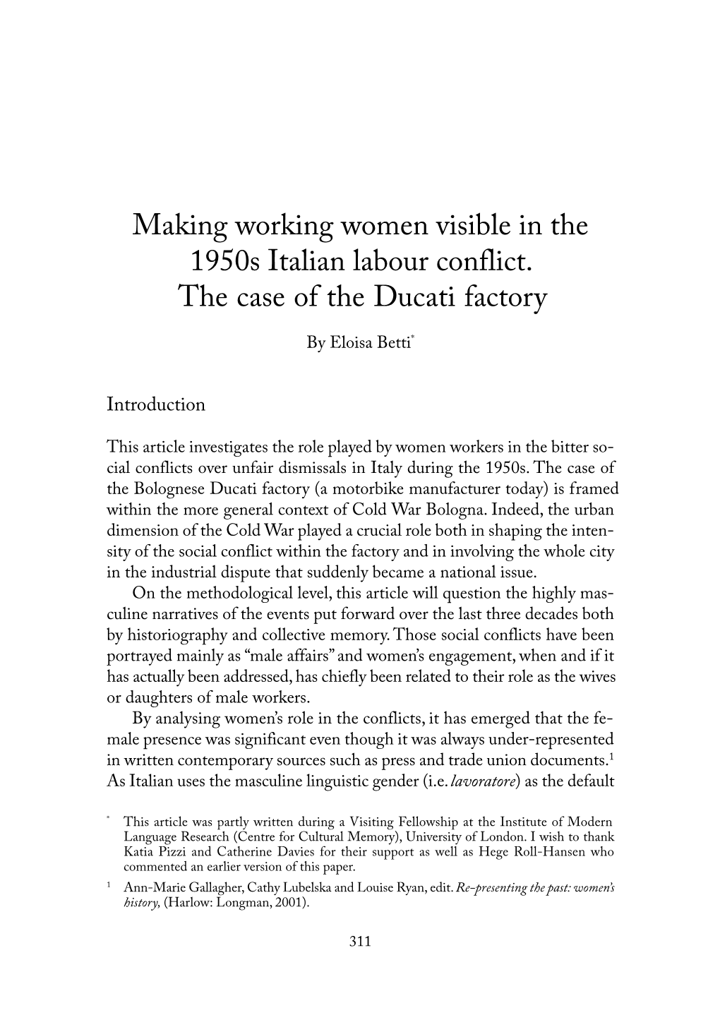 Making Working Women Visible in the 1950S Italian Labour Conflict. the Case of the Ducati Factory