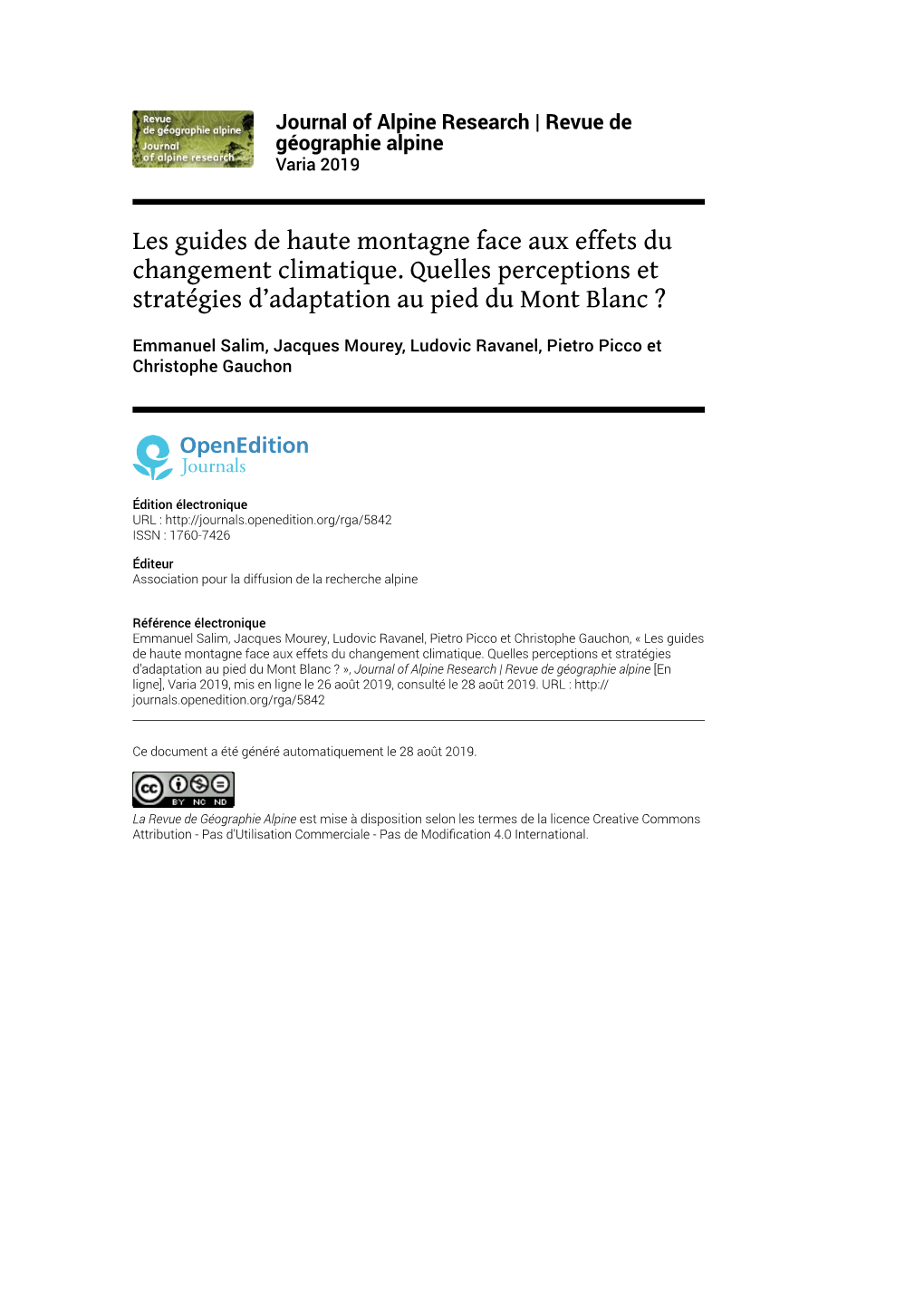 Journal of Alpine Research | Revue De Géographie Alpine , Varia 2019 Les Guides De Haute Montagne Face Aux Effets Du Changement Climatique