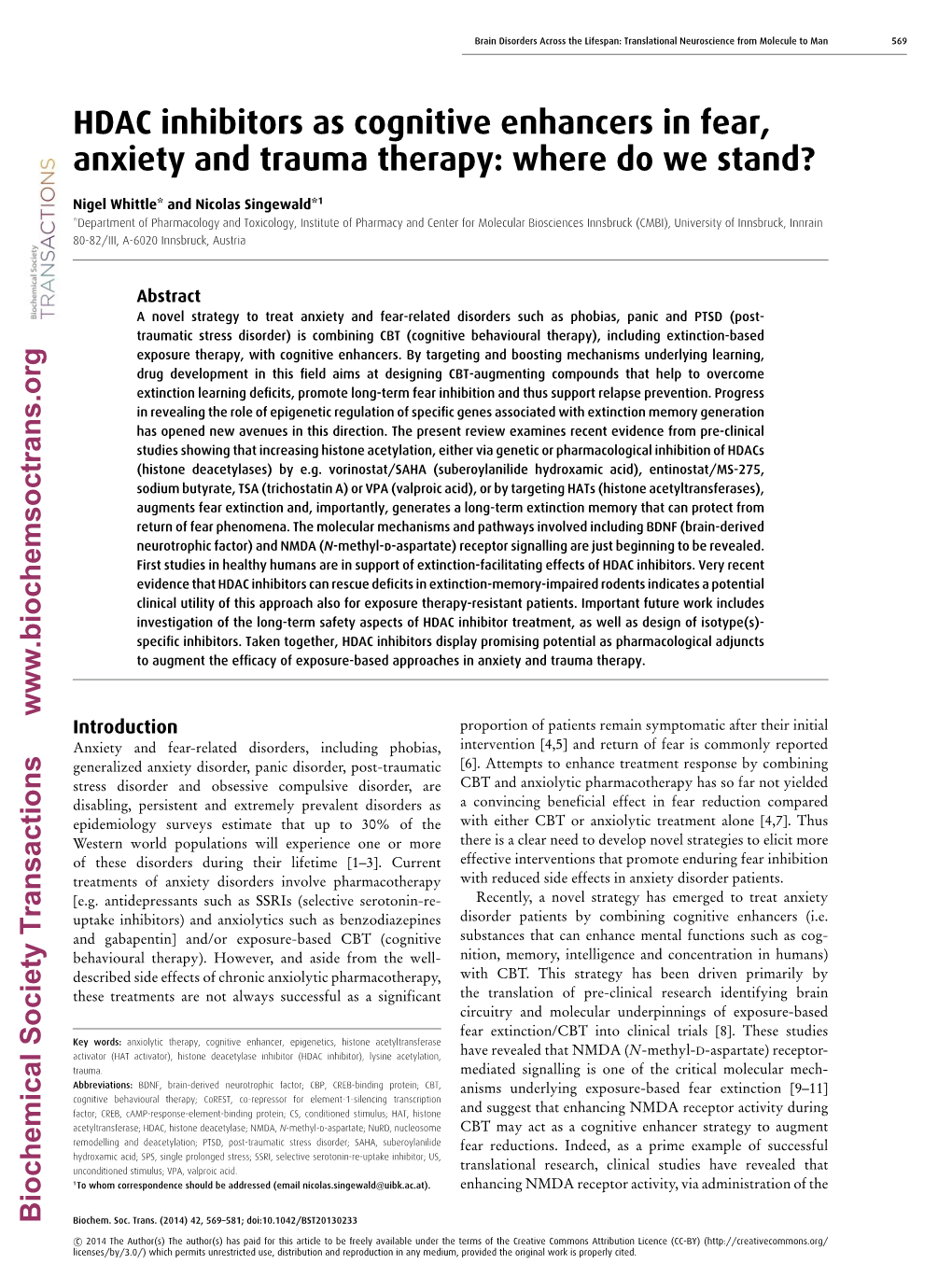 HDAC Inhibitors As Cognitive Enhancers in Fear, Anxiety and Trauma Therapy: Where Do We Stand?