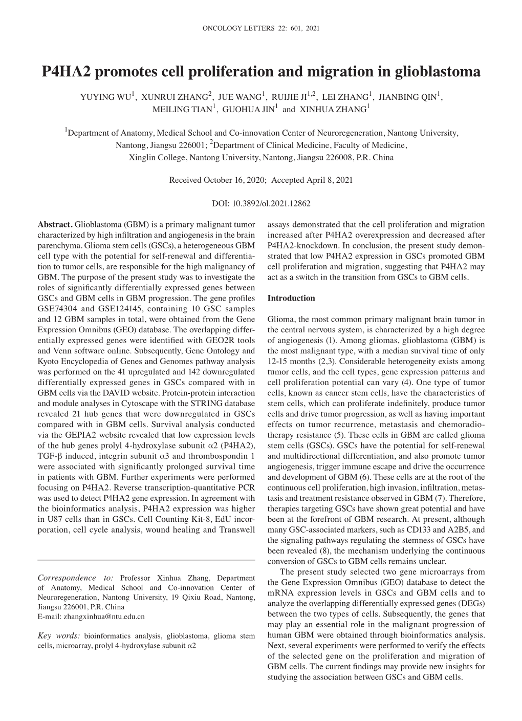 P4HA2 Promotes Cell Proliferation and Migration in Glioblastoma