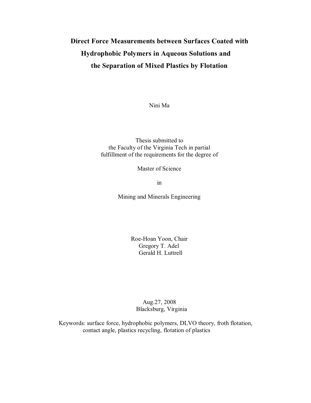 Direct Force Measurements Between Surfaces Coated with Hydrophobic Polymers in Aqueous Solutions and the Separation of Mixed Plastics by Flotation