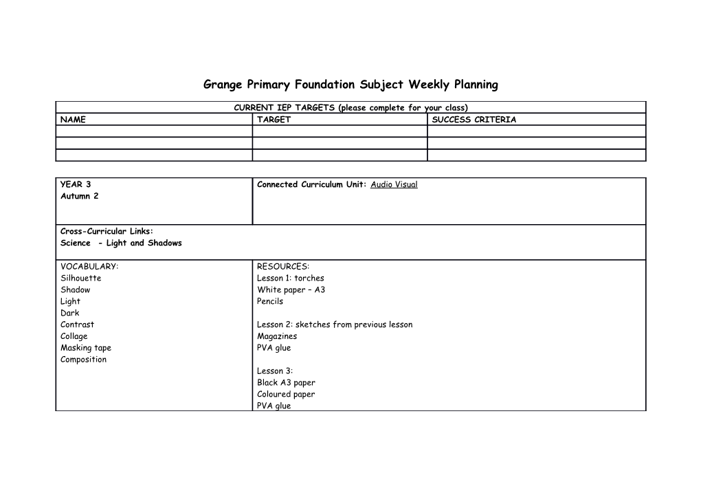 Grange Primary Foundation Subject Weekly Planning