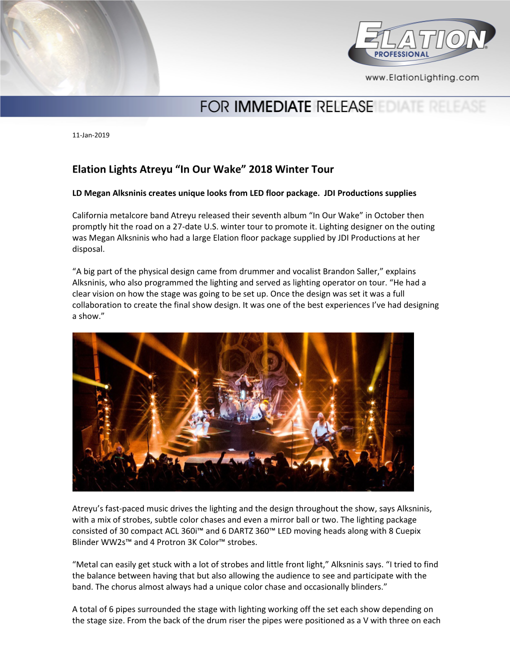 Elation Lights Atreyu “In Our Wake” 2018 Winter Tour
