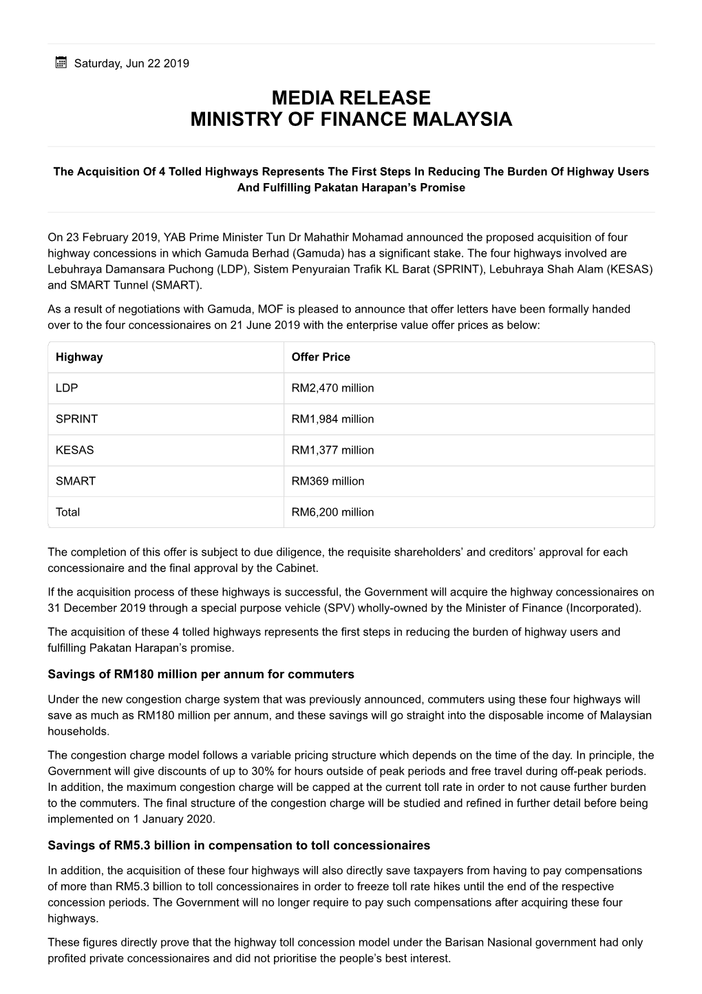 Media Release Ministry of Finance Malaysia