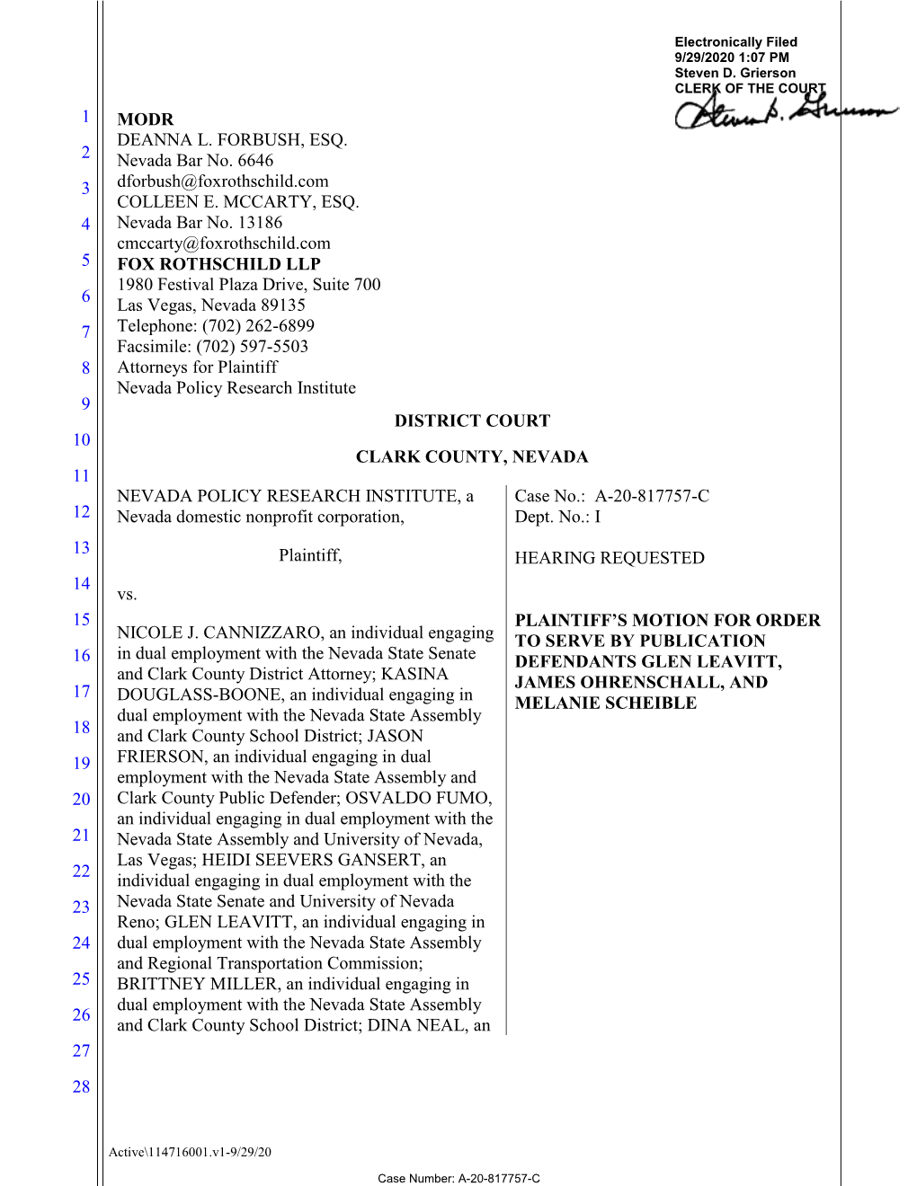 Motion to Serve Defendants Glen Leavitt, James Ohrenschall, and Melanie Scheible by Publication